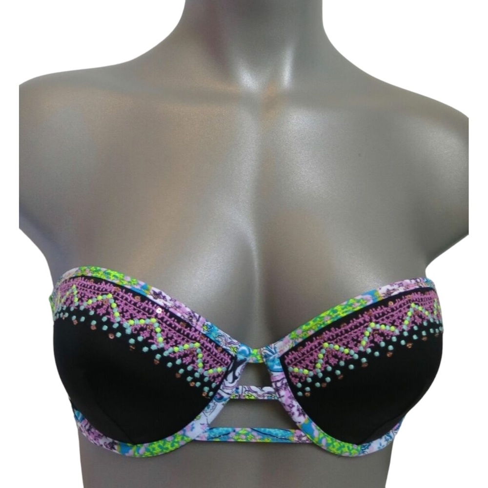 Victoria's Secret Black w/ Bali Embroidery Strappy Flirt Bandeau Swim Top 36B